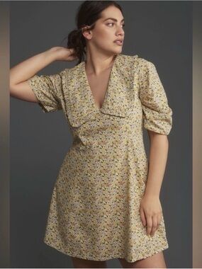 Anthropologie Short Sleeve Floral Collared V-Neck Mini Short Dress Yellow Motif
